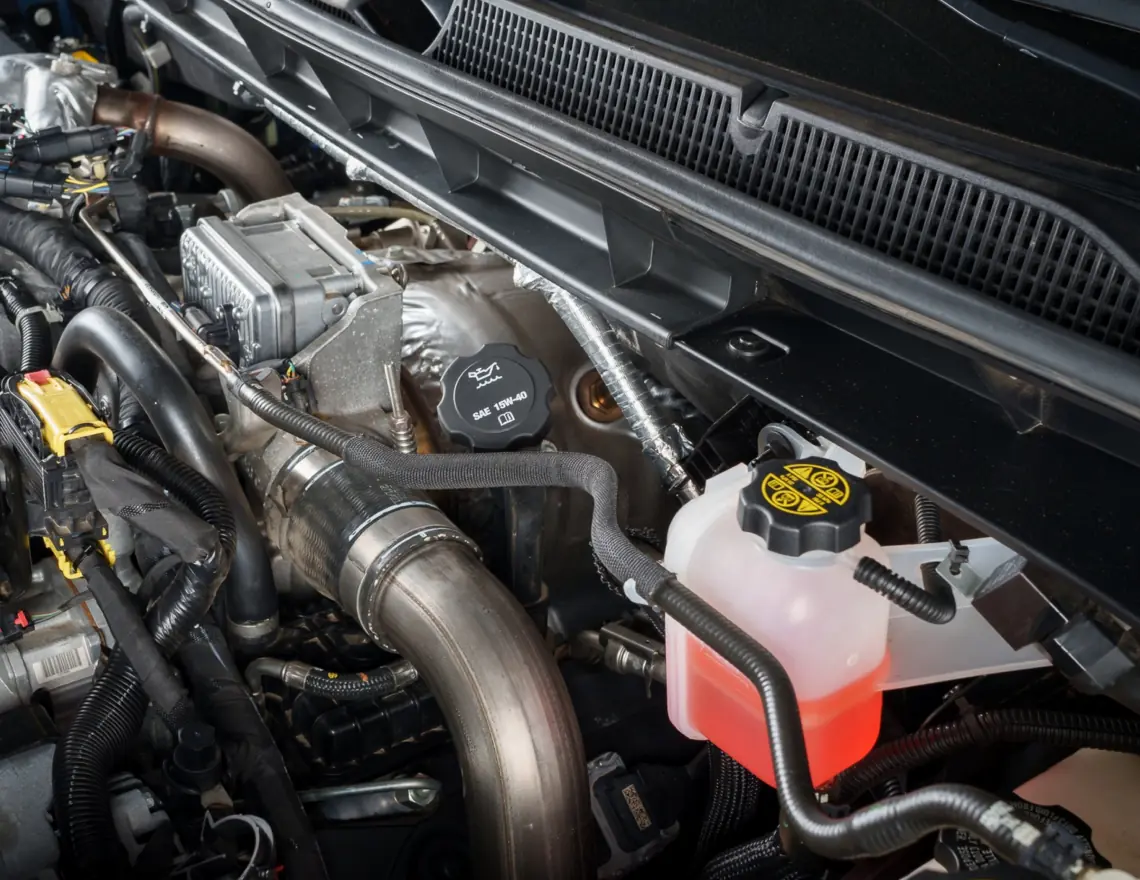An close up image of a vehicle's engine bay.